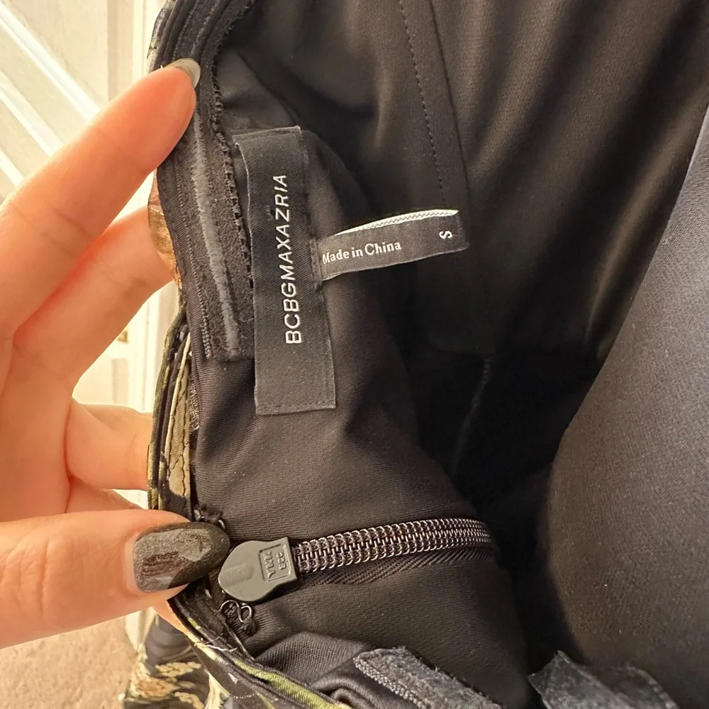 Bcbg strapless maxi gown. Black with green and gold large print. Size S fits S-M - Picture 4 of 7